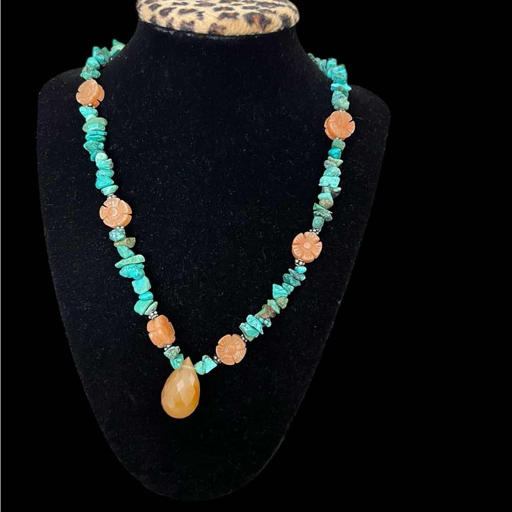 Vintage Turquoise and carved flowers Necklace with faceted pear shaped pendant